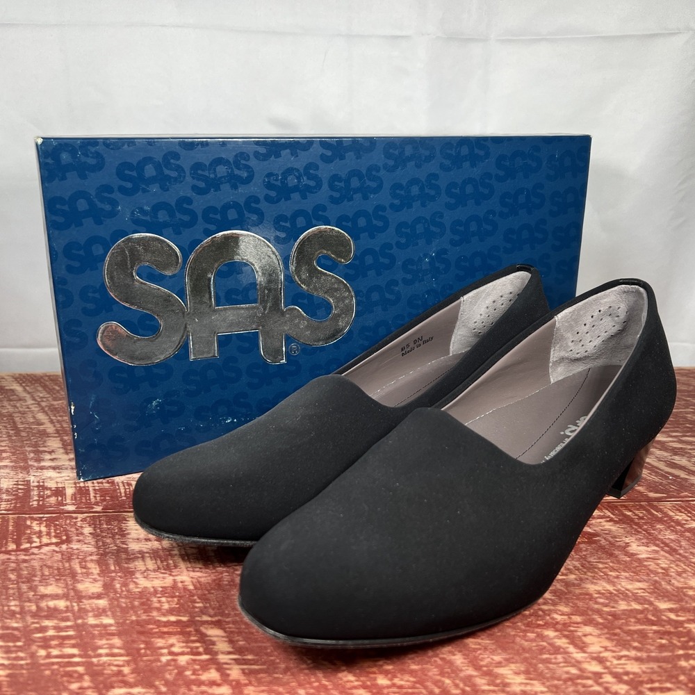 PERFECT - SAS Shoes Lucia Black Pumps Block Heel Leather Sole Stretch‎ Size 9 N